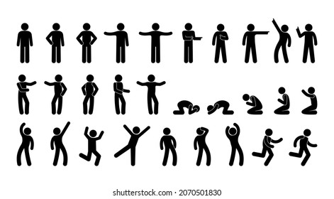 big set of stickmen icons, stick figure people in various poses, gestures and human movements, human silhouettes stand