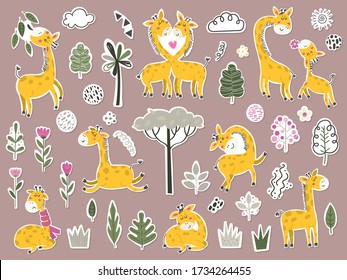 Große Auswahl an Aufklebern mit niedlichen Cartoon kleinen Giraffen und Gegenständen. Einzelne Elemente für Aufkleber, Karten, Einladungen und Plakate