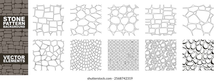 Big set stone on ground vector mosaic pattern. Texture interior background line art. Pebble mosaic texture. Set of graphics elements drawing for architecture and landscape design.