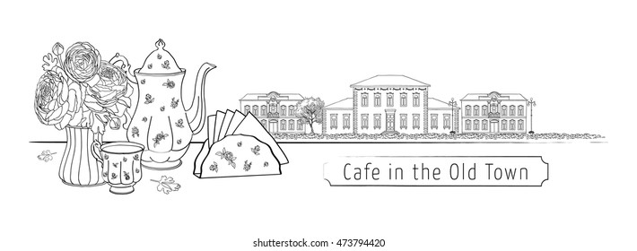 Big set street cafe - tea, cup, teapot, Ranunculus flowers in a vase and a street view of the old houses with lanterns, stone and wood. Vector, isolated, background. For menu, invitation card, design.