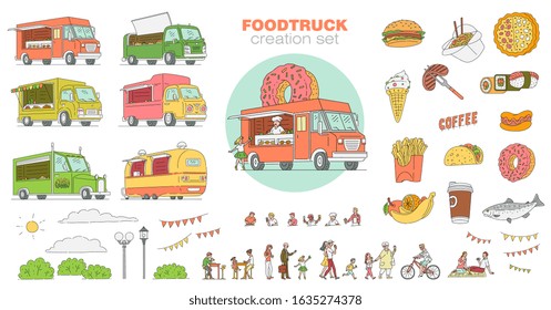 Big set of street food festival items - fast food trucks, people characters and dishes icons vector illustration in sketch cartoon style isolated on white background.