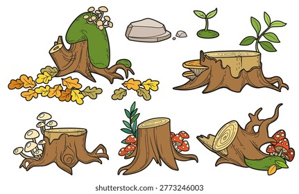 Big set of stumps with a moss, oak leaves and fairy-mushrooms isolated on white background