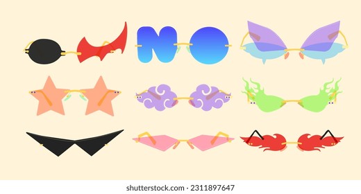 Big set of stylish colored summer accessories for sunny weather in retro style. Isolated illustrations on the background. Vector design of illustration elements