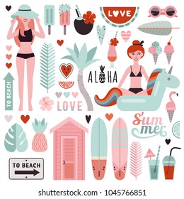 Big set of stylish elements on a beach theme. Tropical leaves, flowers, fruits, beach items and girls in swimsuits.