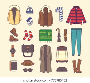 Big set of stylish winter clothes and accessories. Style and fashion concept. Outerwear seasonal line art fashion illustration