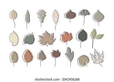 Big set of stylized colorful autumn foliage. Dry autumn leaves for print, poster, cards, tags. Minimalism. Muted color. Outline vector objects.