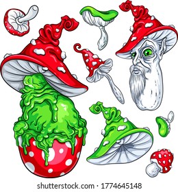 Big set of stylized dessert in fly agaric hat, fly agaric character, hat and poison mushrooms. Vector illustrations for your Halloween, costume party and other designs, menu, invitations, cards, etc.