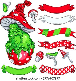 Big set of stylized dessert in fly agaric hat, poison mushrooms and various pattern ribbons. Vector illustrations for your Halloween, costume party and other designs, menu, invitations, cards, etc.