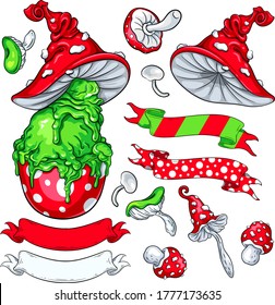 Big set of stylized dessert in fly agaric hat, isolated hat, poison mushrooms and ribbons. Vector illustrations for your Halloween, costume party and other designs, menu, invitations, cards, etc.