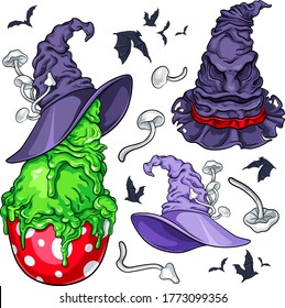 Big set of stylized dessert in witch hat, evil hat character, bats and mushrooms. Vector illustrations for your Halloween, costume party and other designs, menu, party invitations, cards, etc.