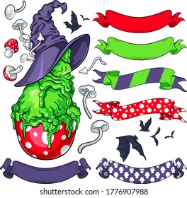 Big set of stylized dessert in witch hat, bats, mushrooms and various pattern ribbons. Vector illustrations for your Halloween, costume party and other designs, menu, party invitations, cards, etc.