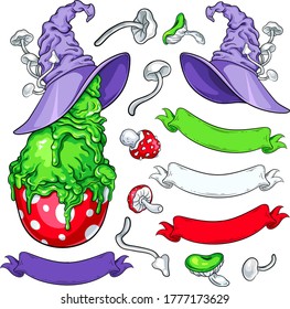 Big set of stylized dessert in witch hat, isolated hat, poison mushrooms and ribbons. Vector illustrations for your Halloween, costume party and other designs, menu, party invitations, cards, etc.