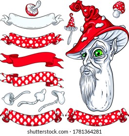 Big set of stylized Fly Agaric character, poison mushrooms and patterned ribbons. Vector illustrations for your Halloween, nature and fairy tale designs, menu, invitations, cards, etc.