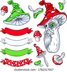 Big set of stylized Fly Agaric character, magic mushroom hat, poison mushrooms and ribbons. Vector illustrations for your Halloween, nature and fairy tale designs, menu, invitations, cards, etc.