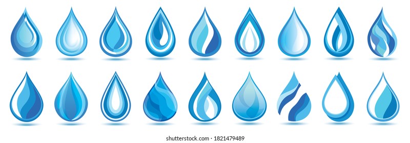 Große Menge von stylisierten, leuchtenden abstrakten, blauen 3D-Wassertropfen einzeln auf weißem Hintergrund. Sammlung von Naturobjekten, grafischen Designelementen, Symbolen oder Logo. Vektorgrafik