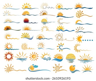 Big set stylized logos of the sun and sea.
