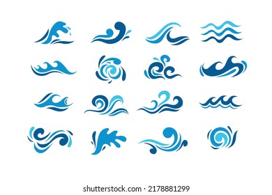 Big set of stylized ocean waves. colored set. sea water wave, ocean flowing and swirl illustration. Vector illustration