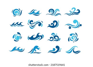 Big set of stylized ocean waves. colored set. sea water wave, ocean flowing and swirl illustration. Vector illustration