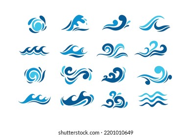 Big set of stylized ocean waves. colored set. sea water wave, ocean flowing and swirl illustration. Vector illustration