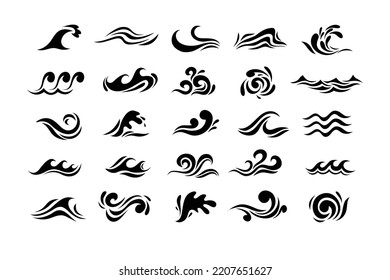 Big set of stylized ocean waves. Sea water wave, ocean flowing and swirl illustration. Vector illustration