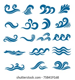 Grande conjunto de ondas estilizadas do oceano. Conjunto de vetores coloridos. Onda de água do mar, oceano fluindo e ilustração de redemoinho