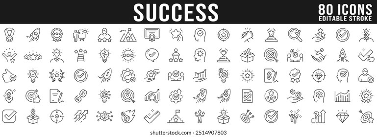 Big set of succes related line icons. Achievement, star, best, reward, medal etc. Editable stroke.