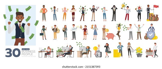 Big set of successful business people with money character vector design. Presentation in various action. People working in office planning, financial and economic analysis.