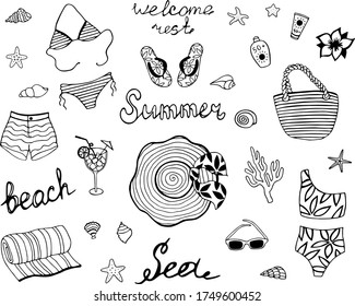 Big set of summer with beach accessories. Vector illustration. Hand drawn doodle.