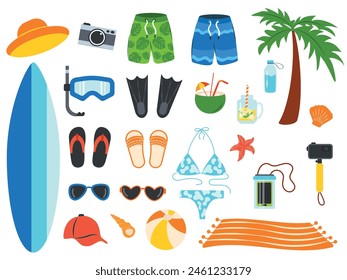 Großes Set für einen Sommerurlaub am Strand. Zubehör und Artikel für Freizeit auf See, Meer, Fluss, See. Vektorgrafik Sommerillustrationen.