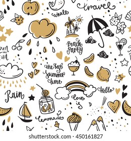 Big set summer doodle icon and design elements. Seamless pattern. Summer time