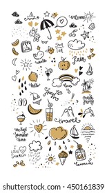 Big set summer doodle icon and design elements.Summer time