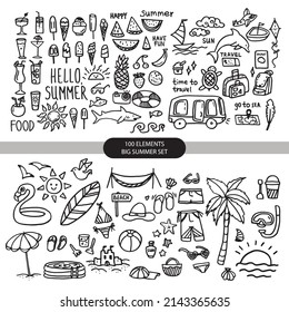 Big set of summer doodles. Food, travel, beach, sea vector doodles. 100 isolated elements.