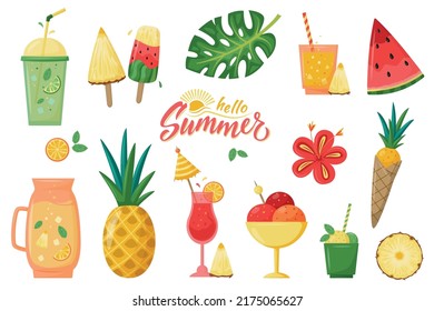 Big set of Summer elements: fruits, drinks, ice-cream, leaves. Stickers, patches, badges, pins. Bright summertime collection. Scrapbooking collection for beach party, cafe, menu. Isolated on white.