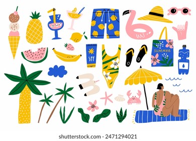 Gran conjunto de Elementos de verano. Ilustración vectorial