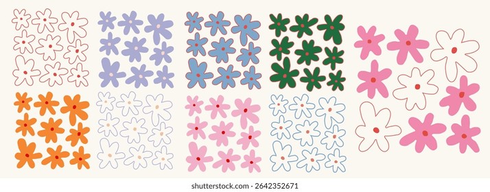 Big set summer floral pattern, vibrant flowers, modern botanical print