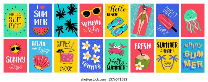 Big set of summer hand drawn tags, summer cards, poster, banner for summer holiday, travel, beach vacation, sun.