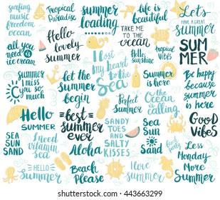 Big set of summer hand drawn phrases. Lettering design for posters, t-shirts, cards, invitations, stickers, banners, advertisement. Vector.