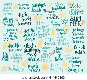 Big set of summer hand drawn phrases. Lettering design for posters, t-shirts, cards, invitations, stickers, banners, advertisement. Vector.