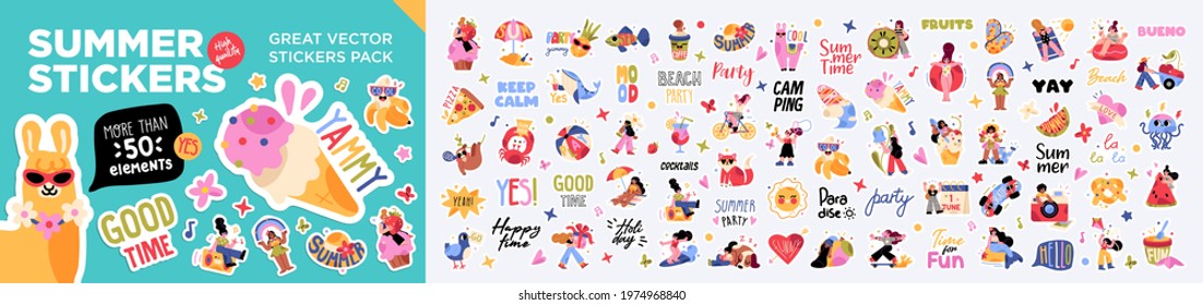 Big set of summer holiday, travel, beach vacation, tropical party labels, stickers, elements. Flat cartoon colorful vector illustration