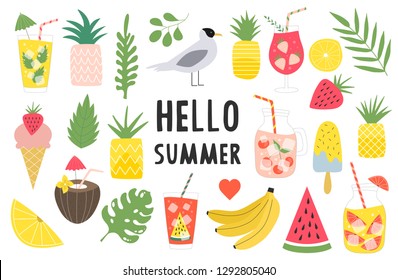 Big set of summer items. Summertime card. Pineapples, banana, watermelon, lemonade. Tropical leaves vector illustration. Isolated.