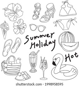 Big set of Summer labels, logos, hand drawn tags and elements for summer holiday, travel, beach vacation, sun.  on white background. Vector illustration.