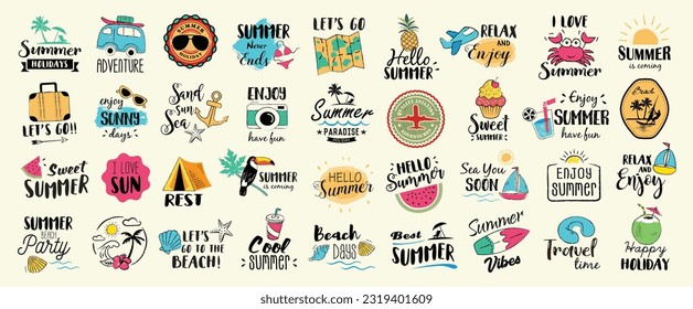 Big set of Summer labels, logos, hand drawn tags and elements for summer holiday, travel, beach vacation, sun. Vector illustration. 