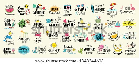Big set of Summer labels, logos, hand drawn tags and elements for summer holiday, travel, beach vacation, sun. Vector illustration. 