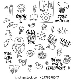 Gran juego de letras y garabatos de verano. Ilustraciones de viajes vectoriales sobre fondo blanco. 