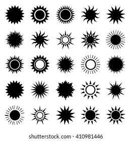 Big set of summer shining suns on the sky, black isolated over white. Sun icons collection.