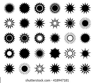 Big set of summer shining suns on the sky, black isolated over white. Sun icons collection.