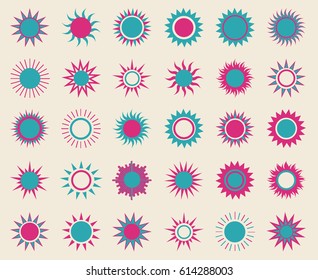 Big set of summer shining suns on the sky, teal and pink over beige. Vector sun icons collection.