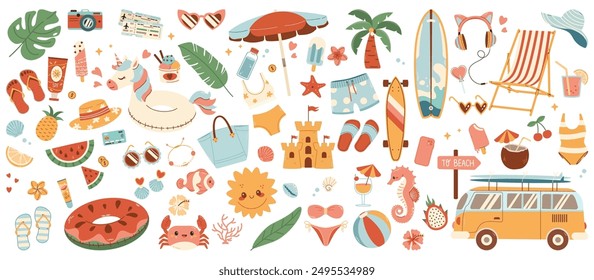 Big set of Summer sticker. Icons, signs, banners. Bright summertime poster. Collection elements for summer holiday and scrapbooking elements for beach party.