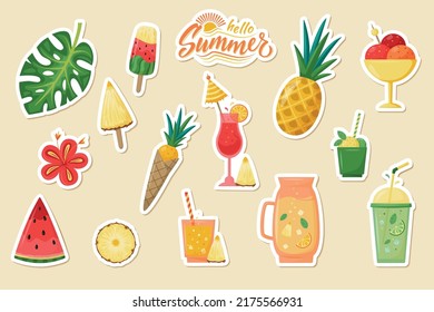 Big set of Summer stickers: fruits, drinks, ice-cream, leaves. Patches, badges, pins. Bright summertime collection. Scrapbooking collection for beach party, cafe, menu. Isolated on white.