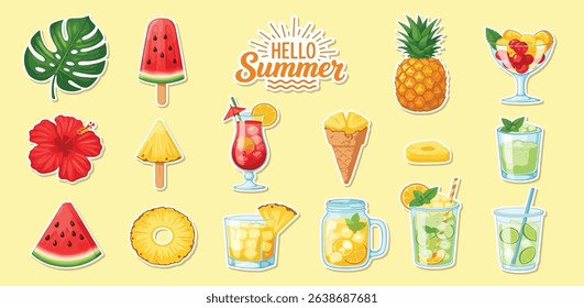 Big set of Summer stickers: fruits, drinks, ice-cream, leaves. Patches, badges, pins. Bright summertime collection. Scrapbooking collection for beach party, cafe, menu. Isolated on white